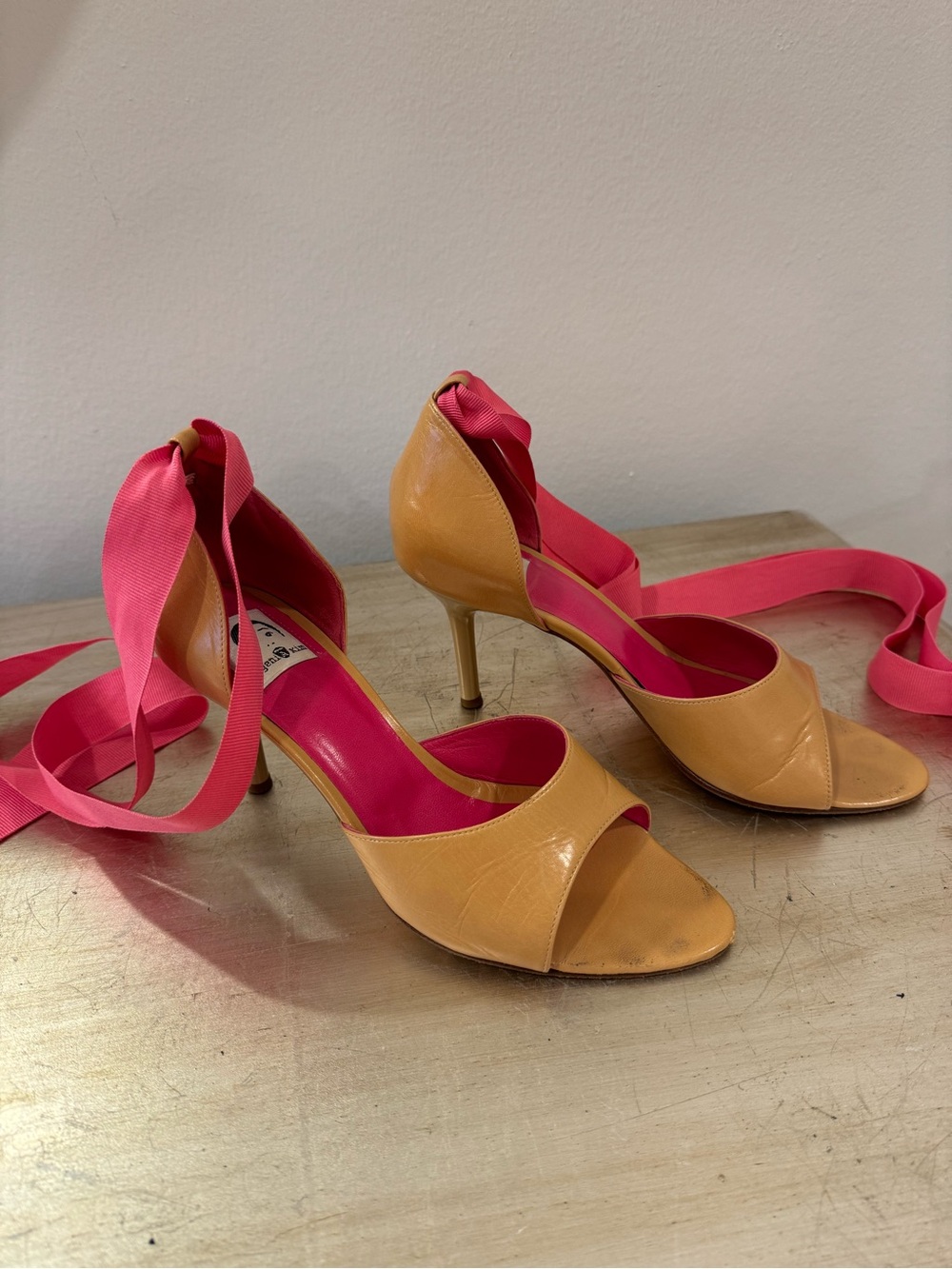 Eugenia Kim Vintage Peep-Toe Tan Heels with Pink Ribbon
